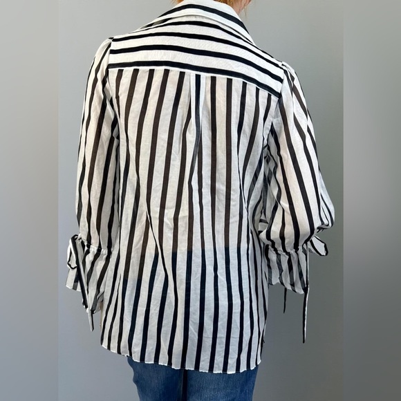 Alice & Olivia Geraldine Bow Tie Sleeve Striped Collared Tunic Top Size Small - Picture 2 of 7
